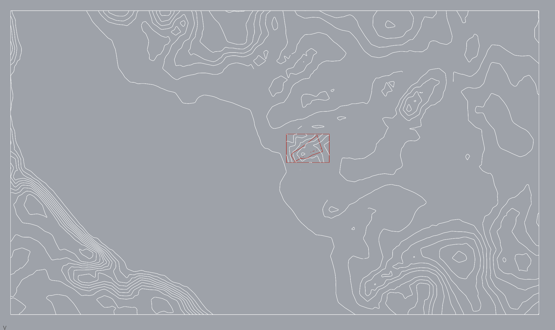 Site plan with contour lines and the building footprint marked in red